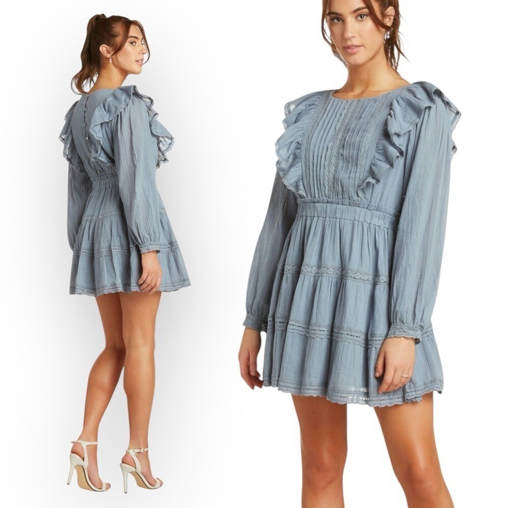NWT JUST ME Steel Blue Ruffle Apron Mini Dress, Medium